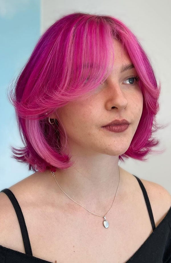 Vibrant Pink Collarbone Lob With Feathered Layers Vibrant Pink Collarbone Lob With Feathered Layers — Classy Curtain Bangs