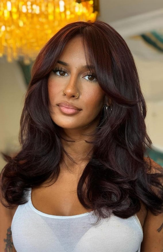 Vibrant Plum Collarbone Lob With Bouncy Blowout Vibrant Plum Collarbone Lob With Bouncy Blowout — Classy Curtain Bangs