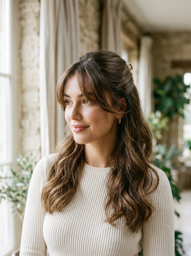 Air-Dried Medium Brown Mid-Back Cut With Curtain Bangs Air-Dried Medium Brown Mid-Back Cut With Curtain Bangs — Classy Curtain Bangs