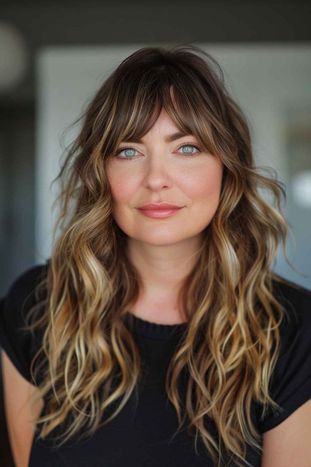 Honey Blonde Mid-Back With Soft Waves And Curtain Bangs Honey Blonde Mid-Back With Soft Waves And Curtain Bangs — Classy Curtain Bangs