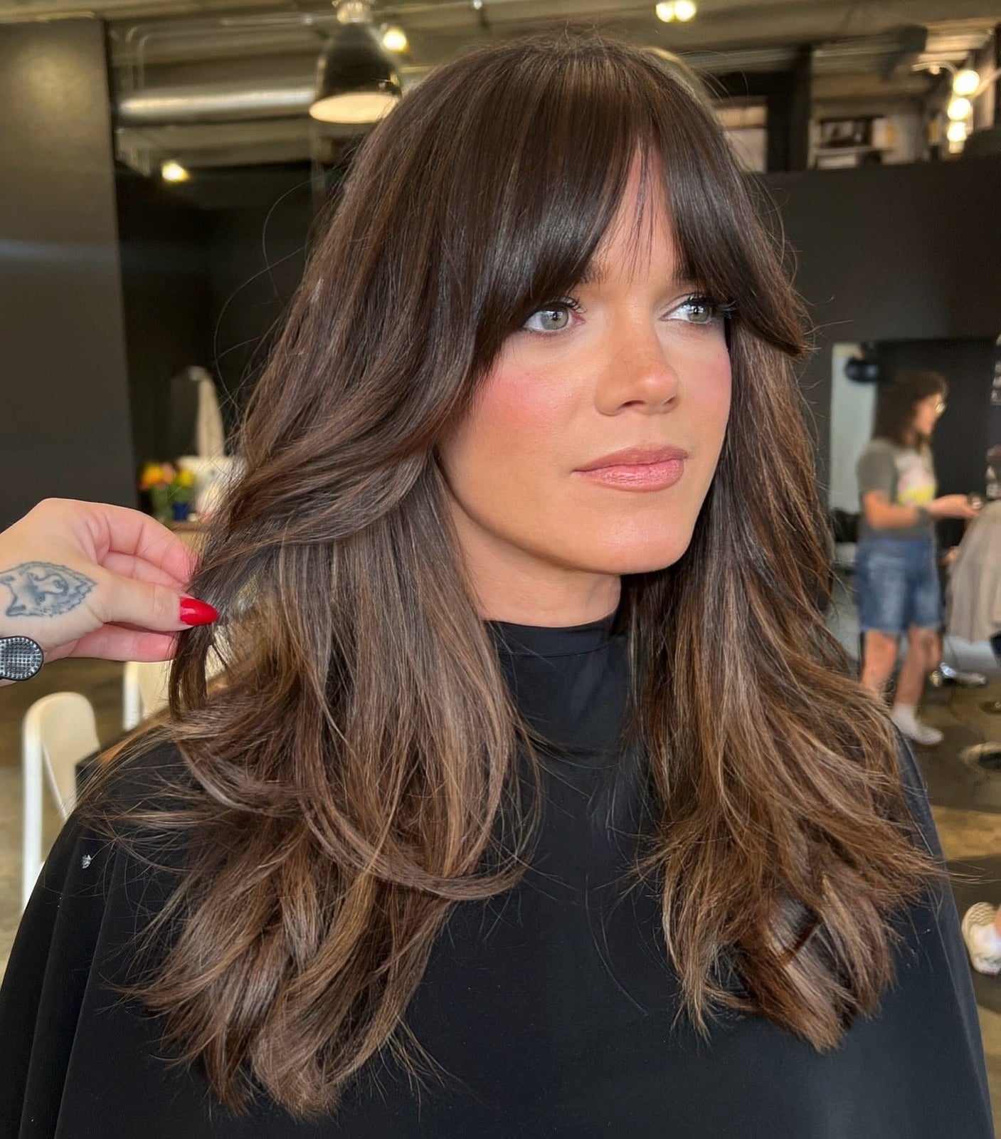 Medium Brown With Subtle Highlights Air Dried Medium Brown With Subtle Highlights Air Dried — Classy Curtain Bangs Long