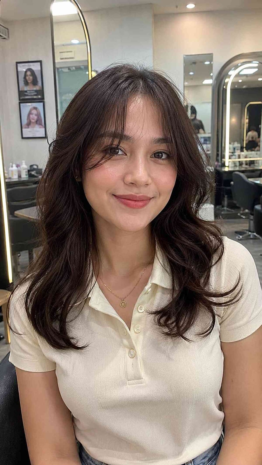 Dark Brown With Caramel Highlights Air Dried Dark Brown With Caramel Highlights Air Dried — Classy Curtain Bangs Long