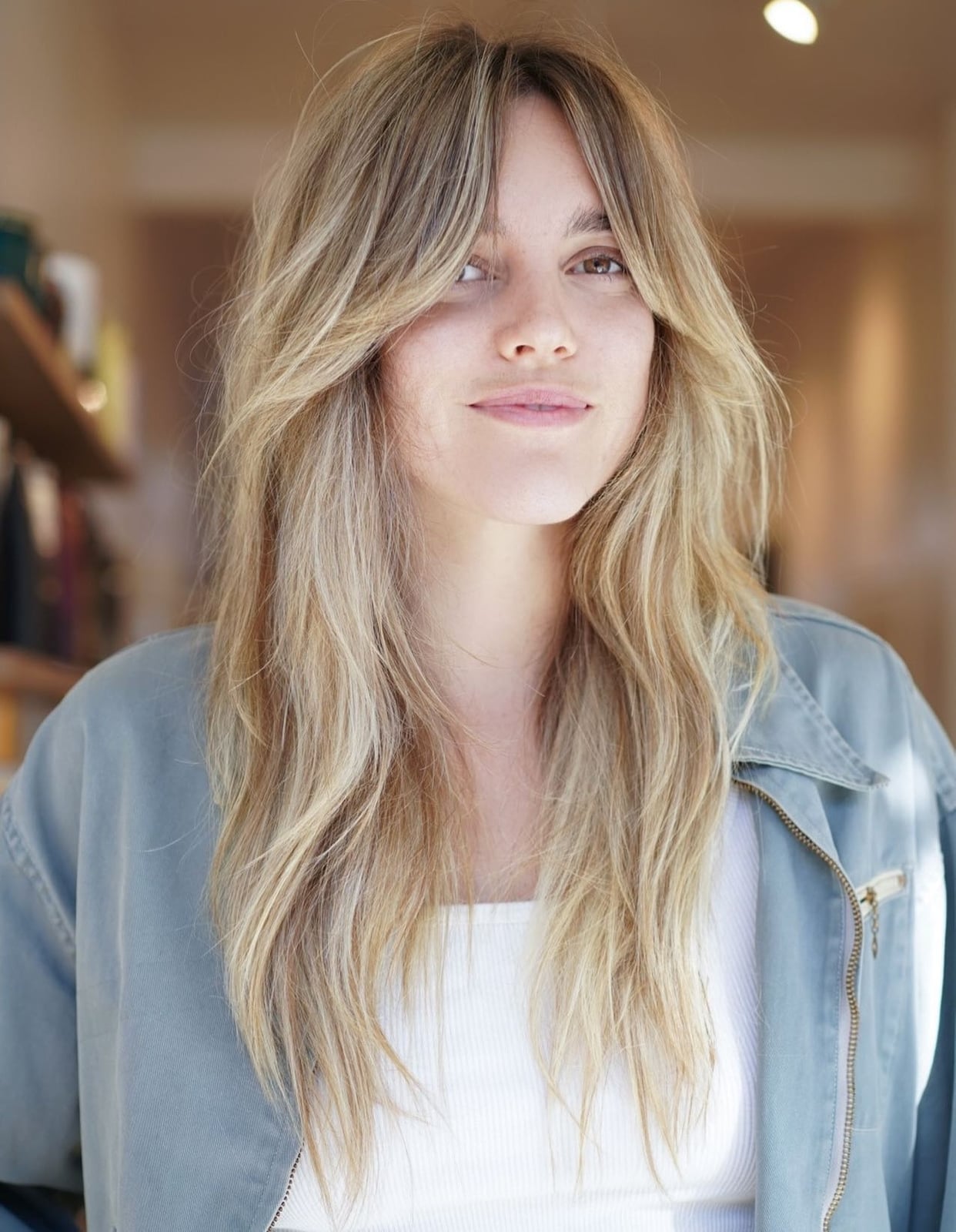 Honey Blonde Balayage With Air Dried Waves Honey Blonde Balayage With Air Dried Waves — Classy Curtain Bangs Long