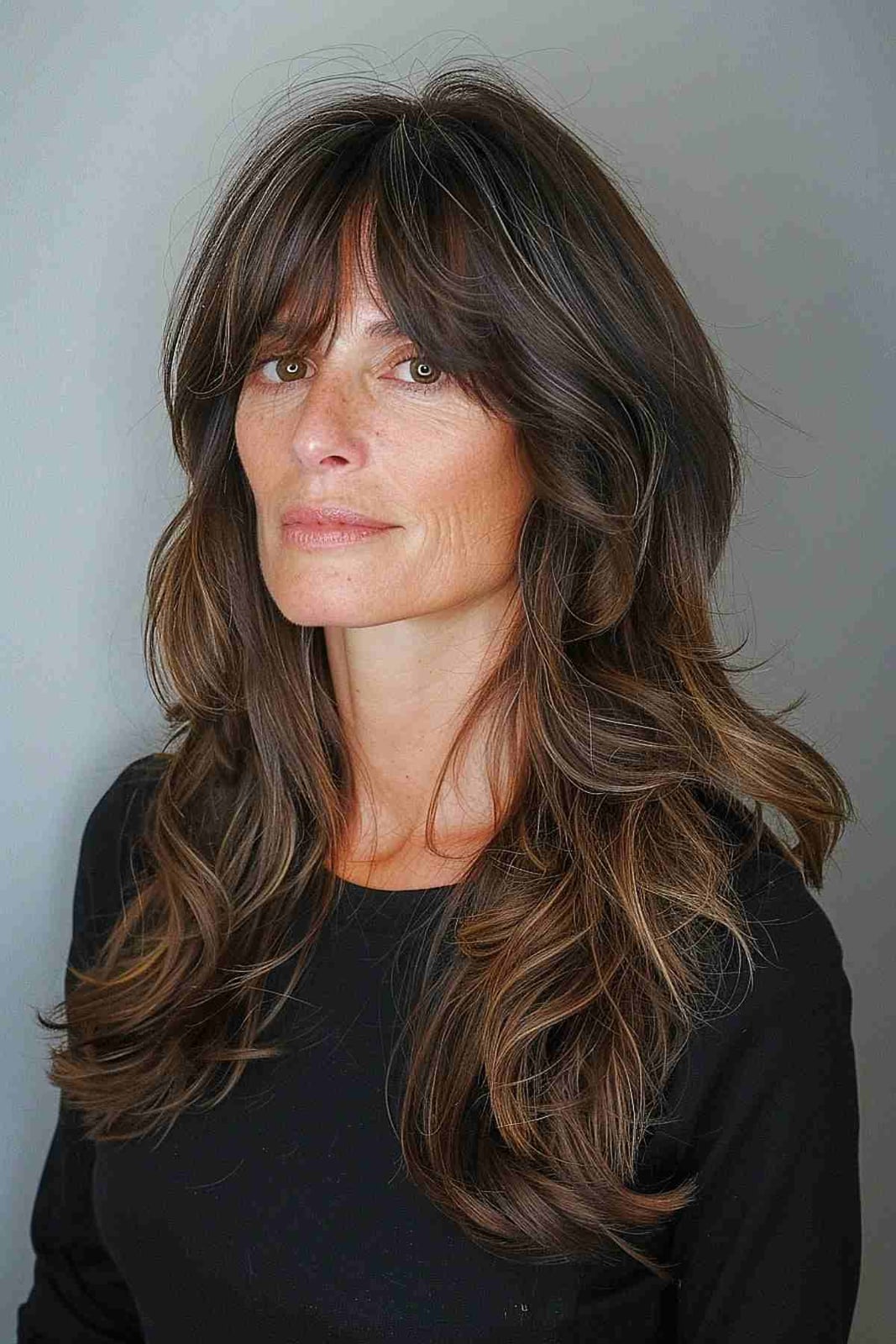 Ash Blonde With Lighter Highlights And Waves, Mid-Back Ash Blonde With Lighter Highlights And Waves, Mid-Back — Classy Curtain Bangs Long