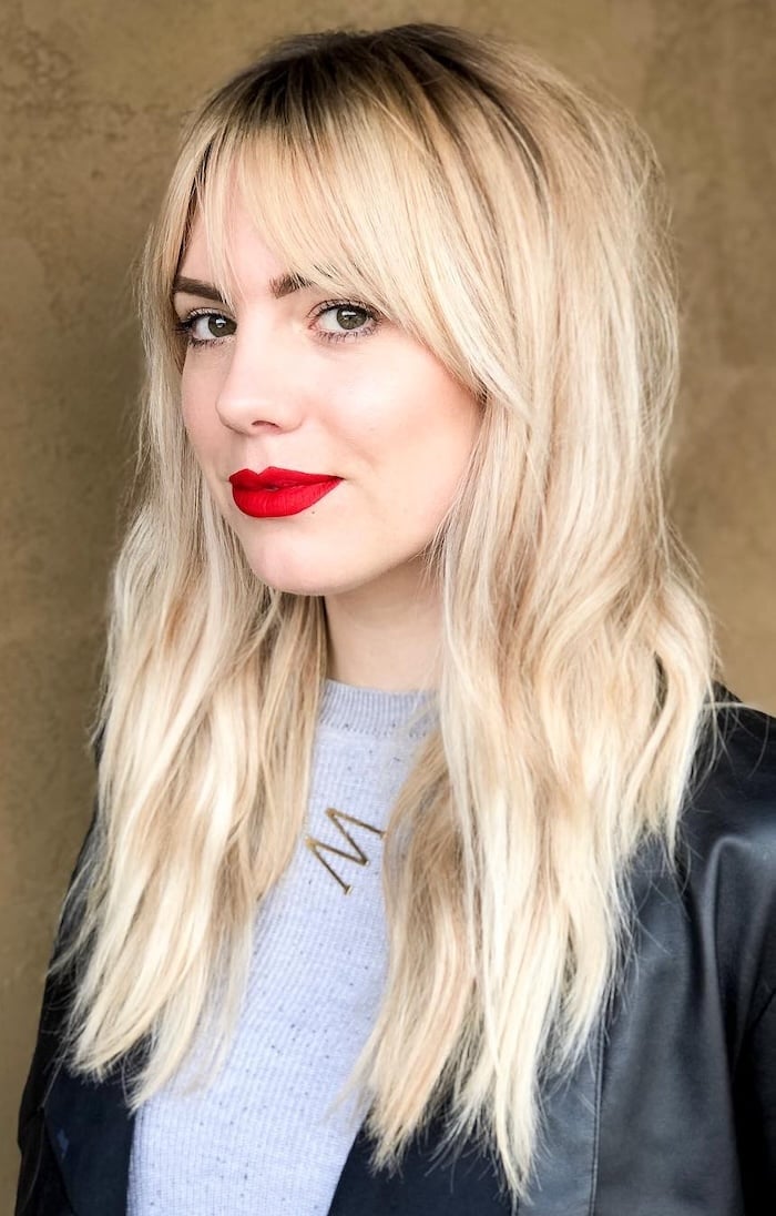 Shoulder Length Blonde Shag With Choppy Layers Shoulder Length Blonde Shag With Choppy Layers — Classy Curtain Bangs Long