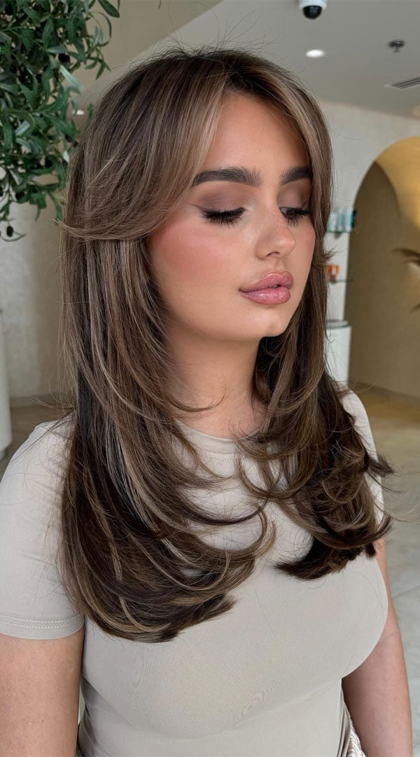 Dark Brown With Blonde Highlights And Straight Blowout Dark Brown With Blonde Highlights And Straight Blowout — Classy Curtain Bangs Long