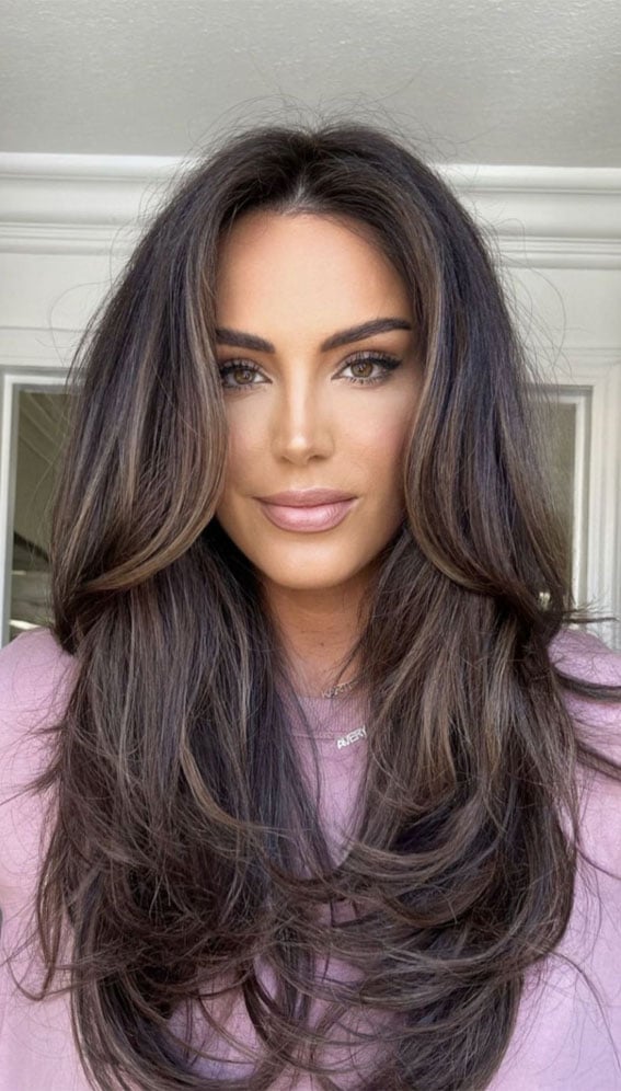 Thick Wavy Dark Brown With Blonde Balayage Thick Wavy Dark Brown With Blonde Balayage — Classy Curtain Bangs Long