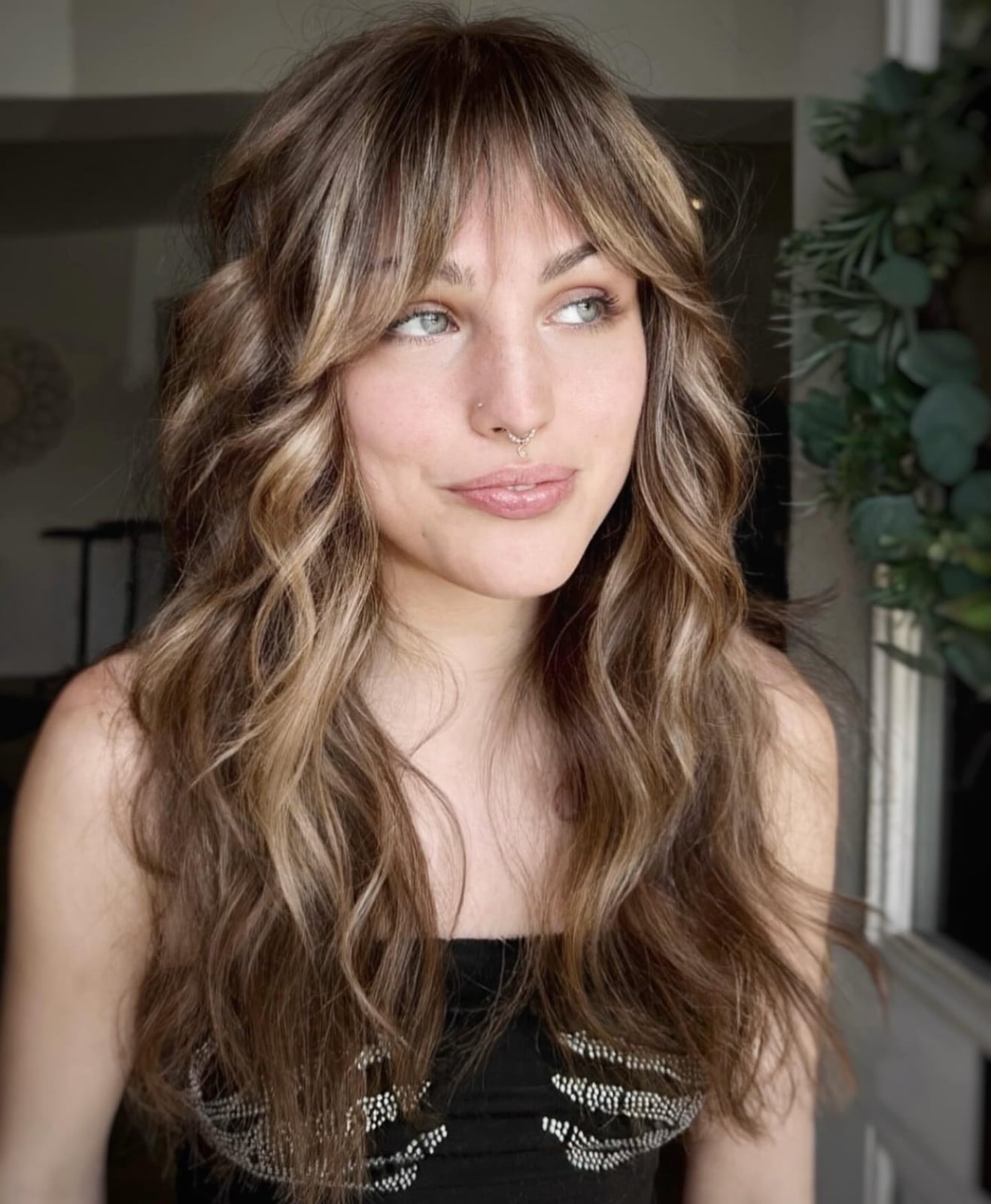 Brown With Blonde Balayage And Loose Waves Brown With Blonde Balayage And Loose Waves — Classy Curtain Bangs Long