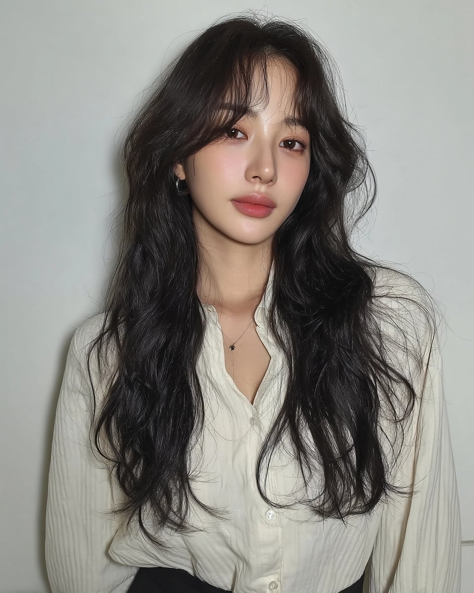Air Dried Dark Brown With Face-Framing Layers Air Dried Dark Brown With Face-Framing Layers — Classy Curtain Bangs Long