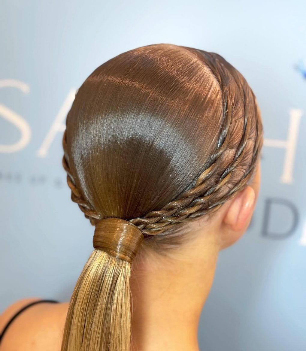 Sleek Dark Brown Ponytail With Braided Accents — Classy Dance Hairstyles