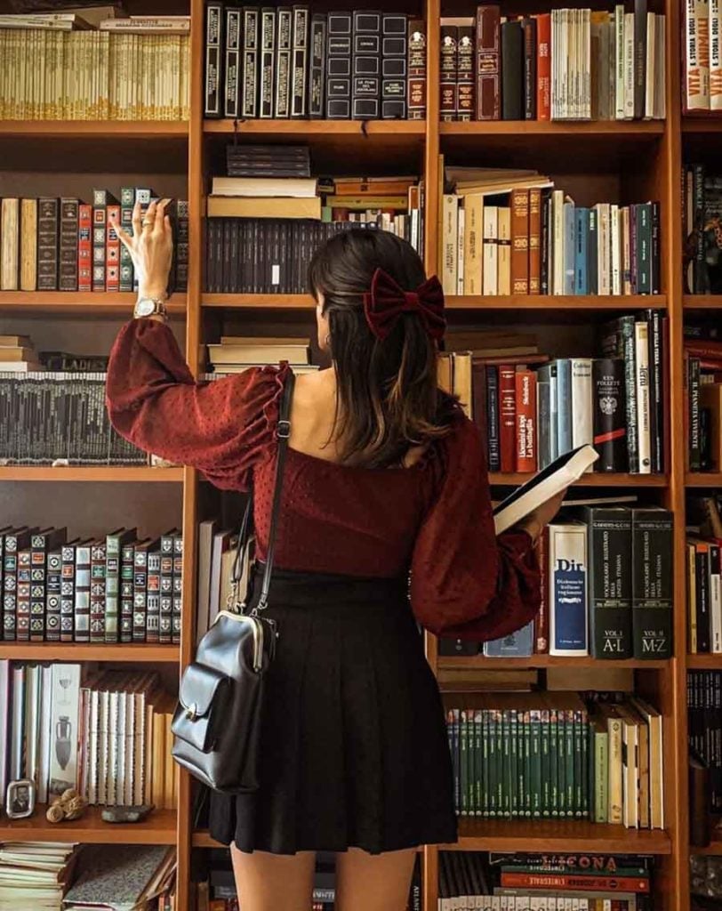 Red Blouse with Black Pleated Skirt and Velvet Bow Red Blouse with Black Pleated Skirt and Velvet Bow — Classy Dark Academia Outfits