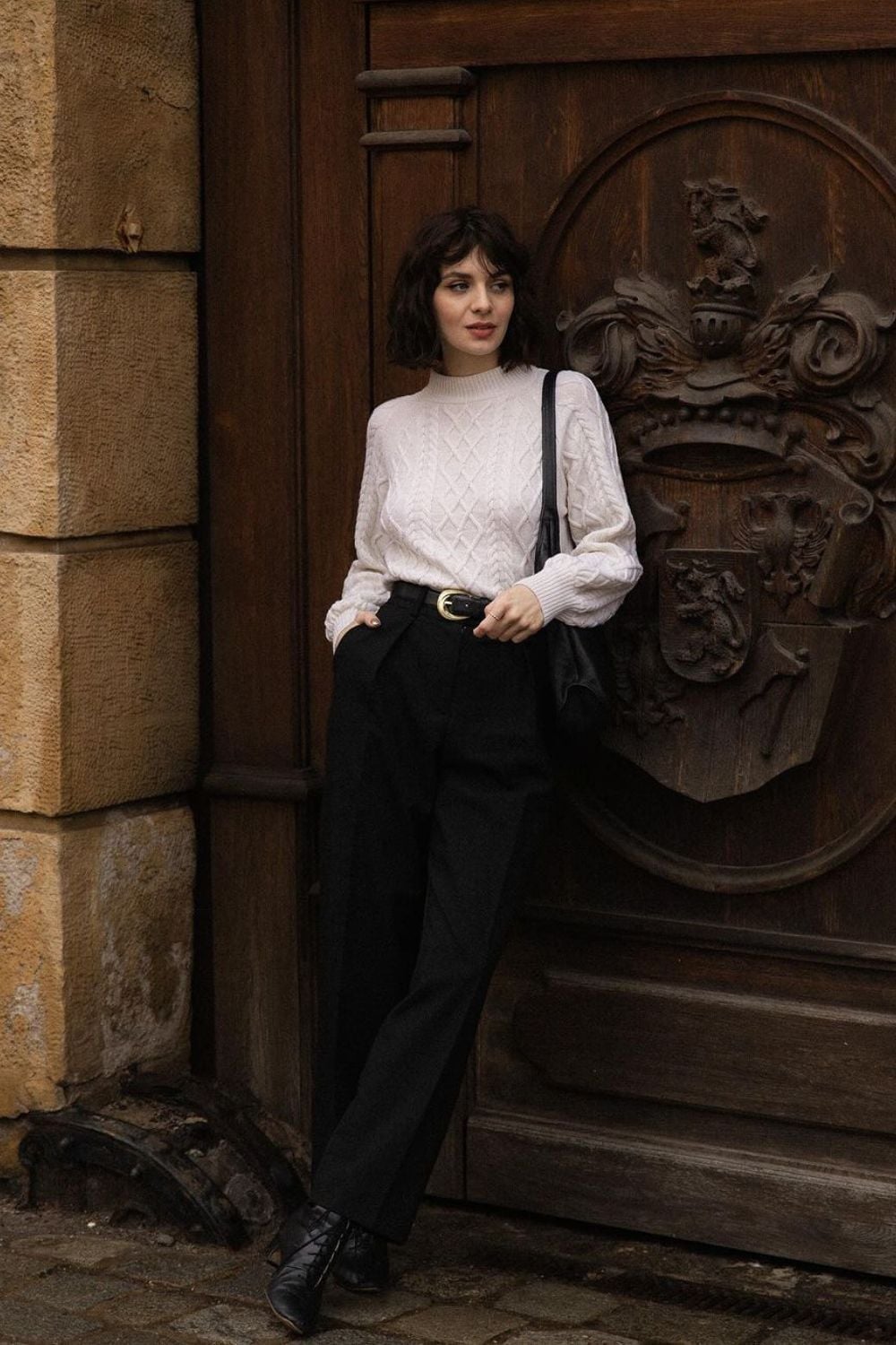 Cable-knit Sweater with Wide-Leg Trousers Cable-knit Sweater with Wide-Leg Trousers — Classy Dark Academia Outfits