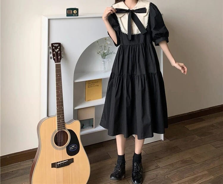 Tiered Dress with White Collar and Black Bow Tiered Dress with White Collar and Black Bow — Classy Dark Academia Outfits