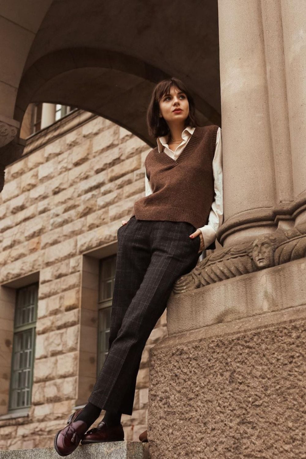 Knit Vest Over Collared Shirt with Plaid Trousers Knit Vest Over Collared Shirt with Plaid Trousers — Classy Dark Academia Outfits