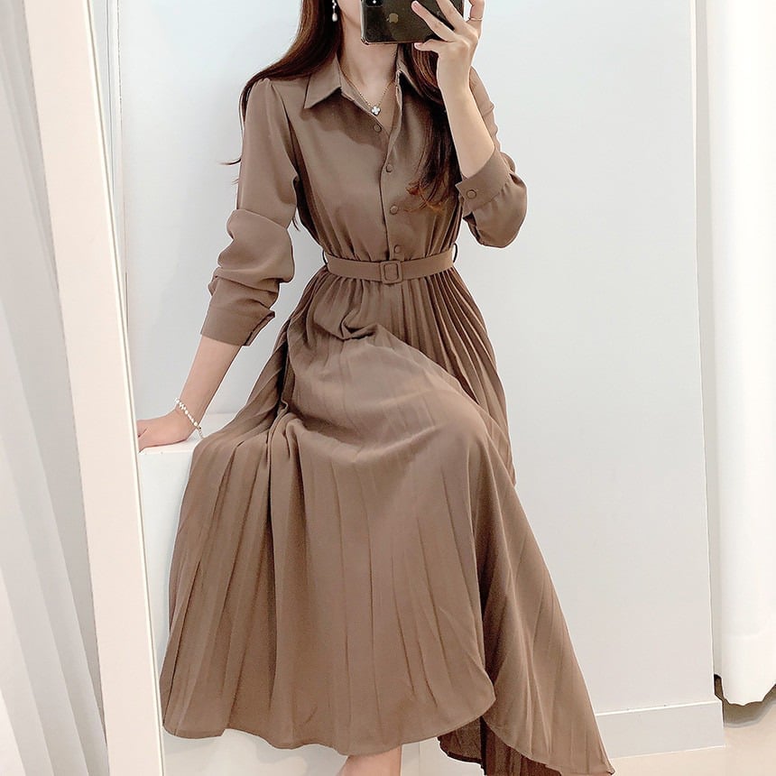 Belted Collared Midi Dress with Pleated Skirt Belted Collared Midi Dress with Pleated Skirt — Classy Dark Academia Outfits