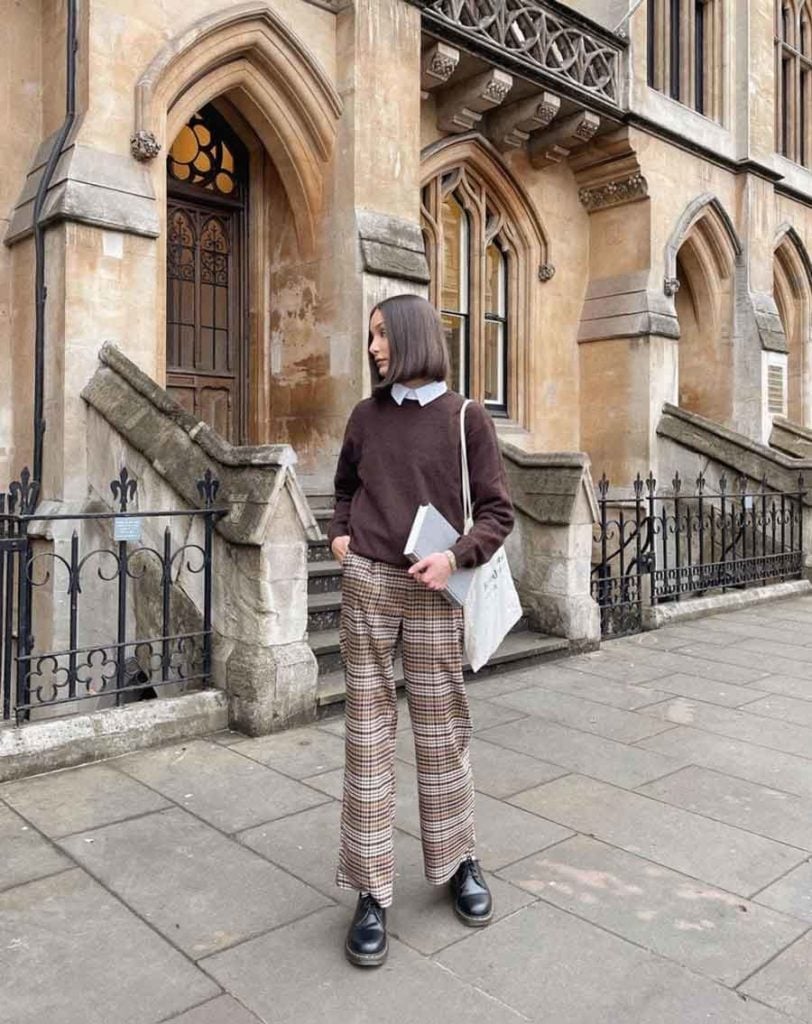 Sweater Over Collared Shirt with Plaid Wide-Leg Trousers Sweater Over Collared Shirt with Plaid Wide-Leg Trousers — Classy Dark Academia Outfits