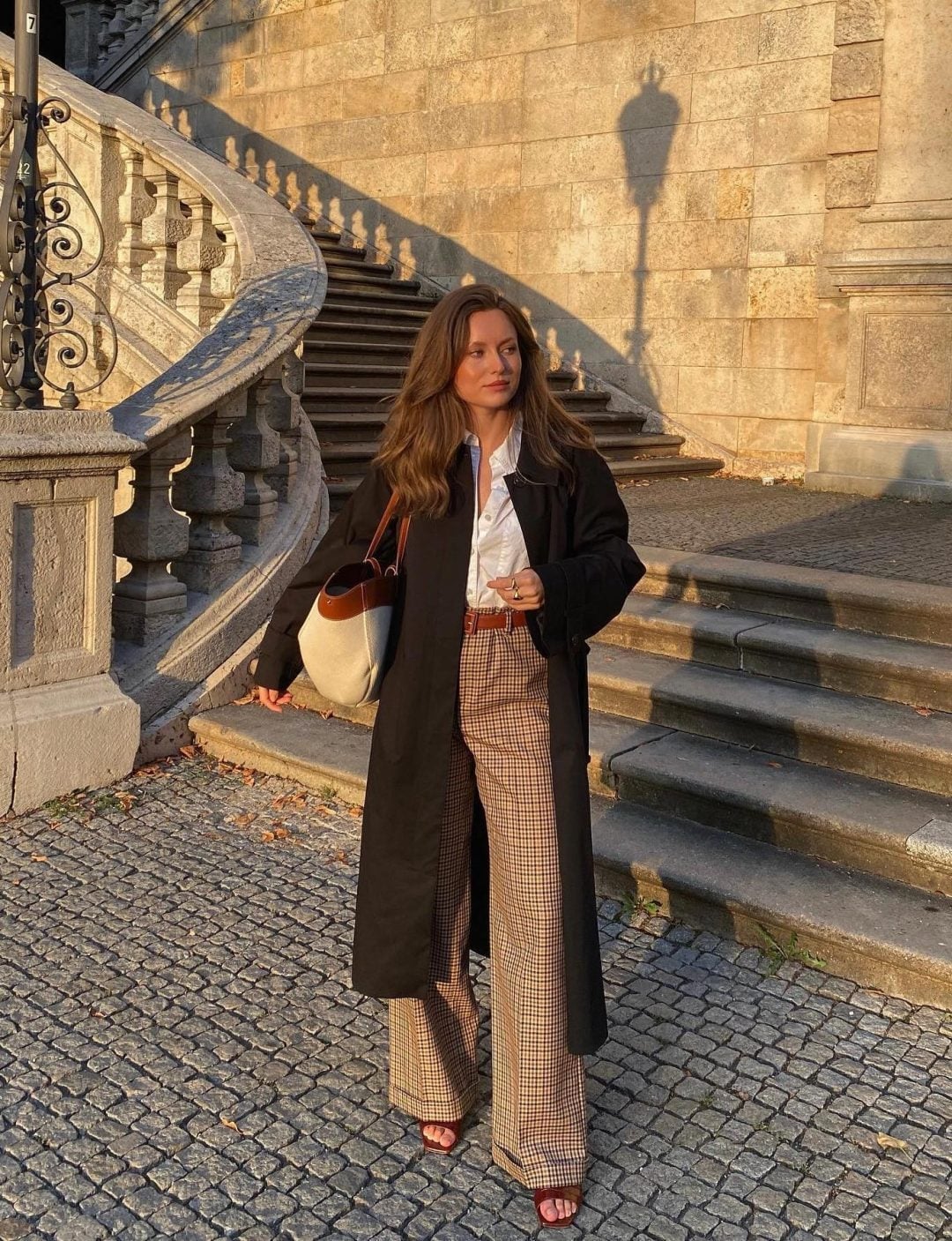Trench Coat Over Button-Down with Plaid Wide-Leg Trousers Trench Coat Over Button-Down with Plaid Wide-Leg Trousers — Classy Dark Academia Outfits