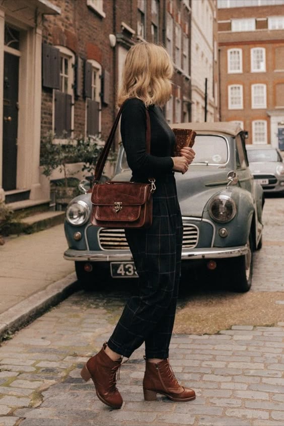 Blazer with Plaid Trousers and Leather Satchel Blazer with Plaid Trousers and Leather Satchel — Classy Dark Academia Outfits