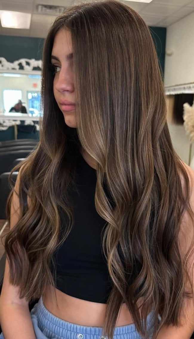 Mid-Back Dark Chocolate With Caramel Ribbon Balayage, Wavy Mid-Back Dark Chocolate With Caramel Ribbon Balayage, Wavy — Classy Dark Brown Balayage