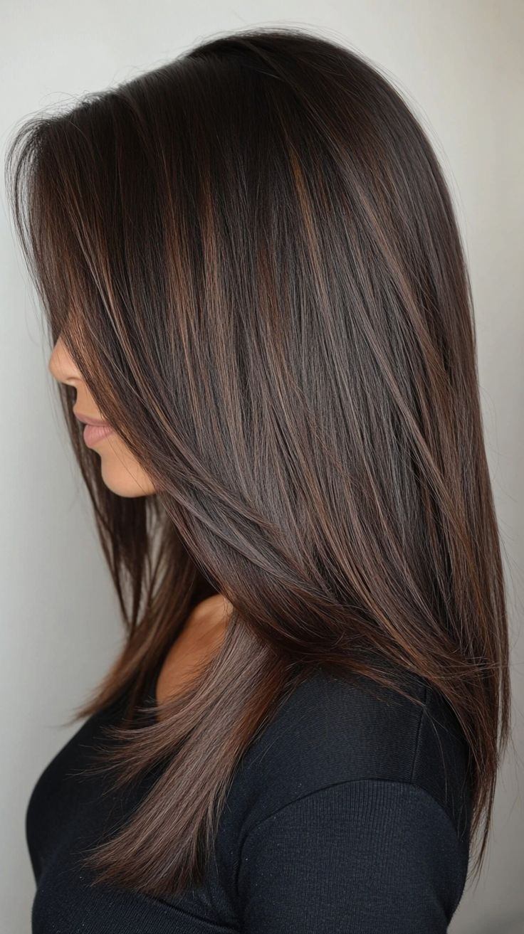 Mid-Back Dark Brown With Caramel Chocolate Balayage, Side-Swept Mid-Back Dark Brown With Caramel Chocolate Balayage, Side-Swept — Classy Dark Brown Balayage