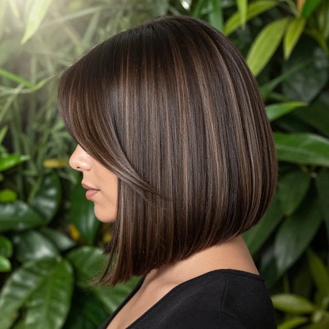 Chin Length Bob With Subtle Lighter Balayage and Side Bangs Chin Length Bob With Subtle Lighter Balayage and Side Bangs — Classy Dark Brown Balayage