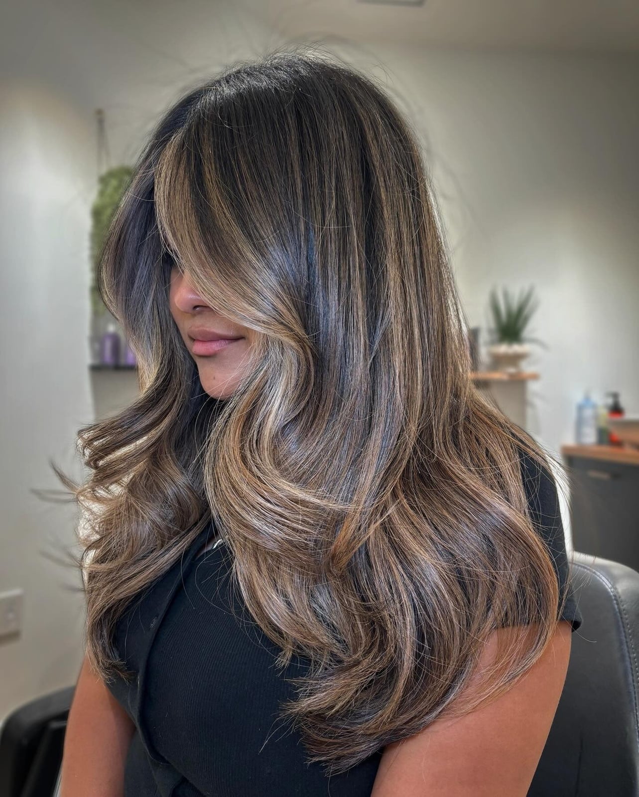 Long Dark Brown With Subtle Warm Brown Balayage Blend, Wavy Long Dark Brown With Subtle Warm Brown Balayage Blend, Wavy — Classy Dark Brown Balayage