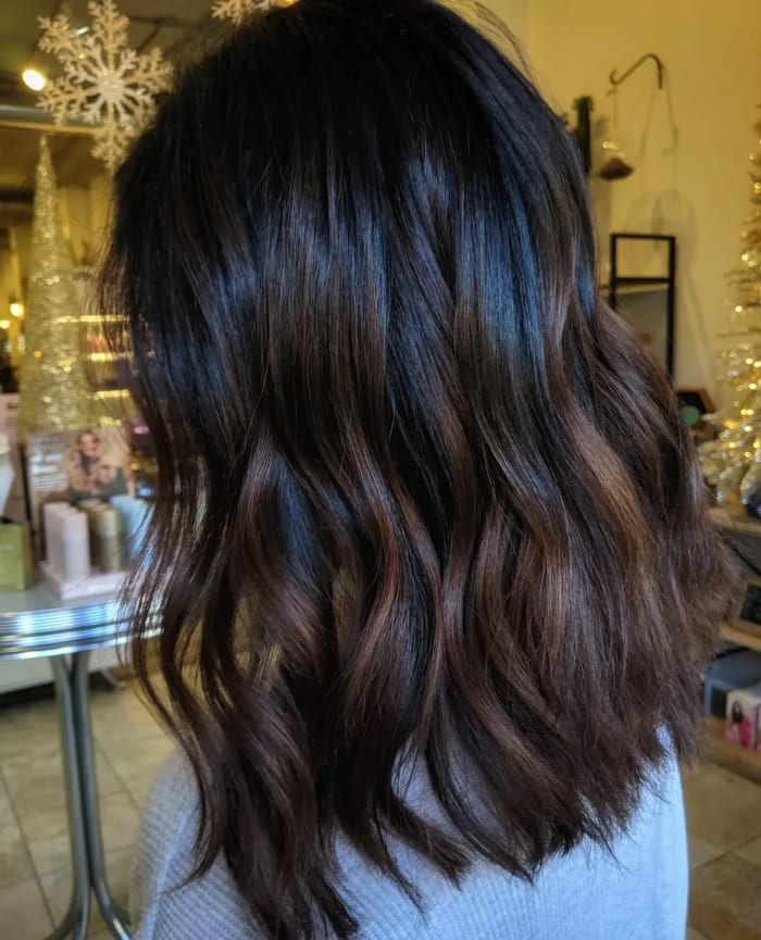 Collarbone Lob With Warm Brown Balayage Transition Collarbone Lob With Warm Brown Balayage Transition — Classy Dark Brown Balayage