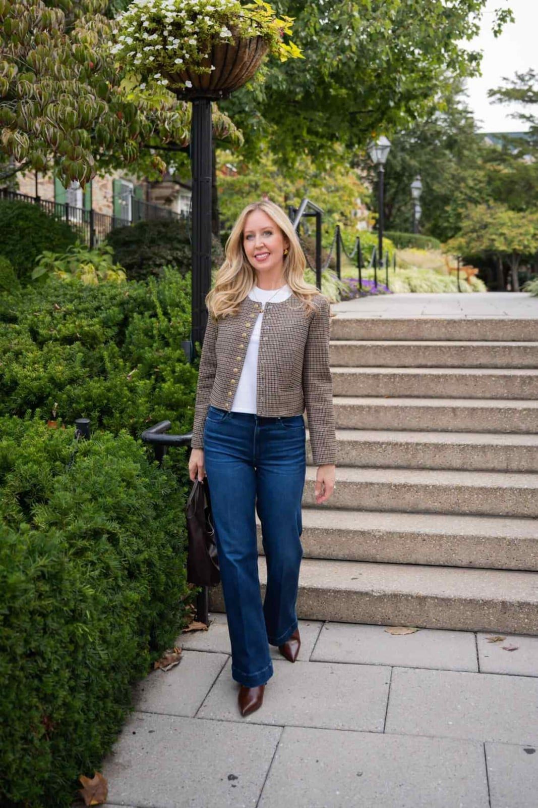 Tweed Jacket Enhances Flared Jeans — Classy Denim Outfits
