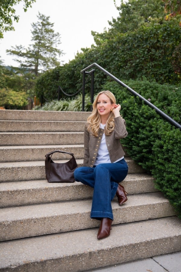 Tweed Jacket with Flared Jeans Ensemble and Pointed-Toe Boots — Classy Denim Outfits