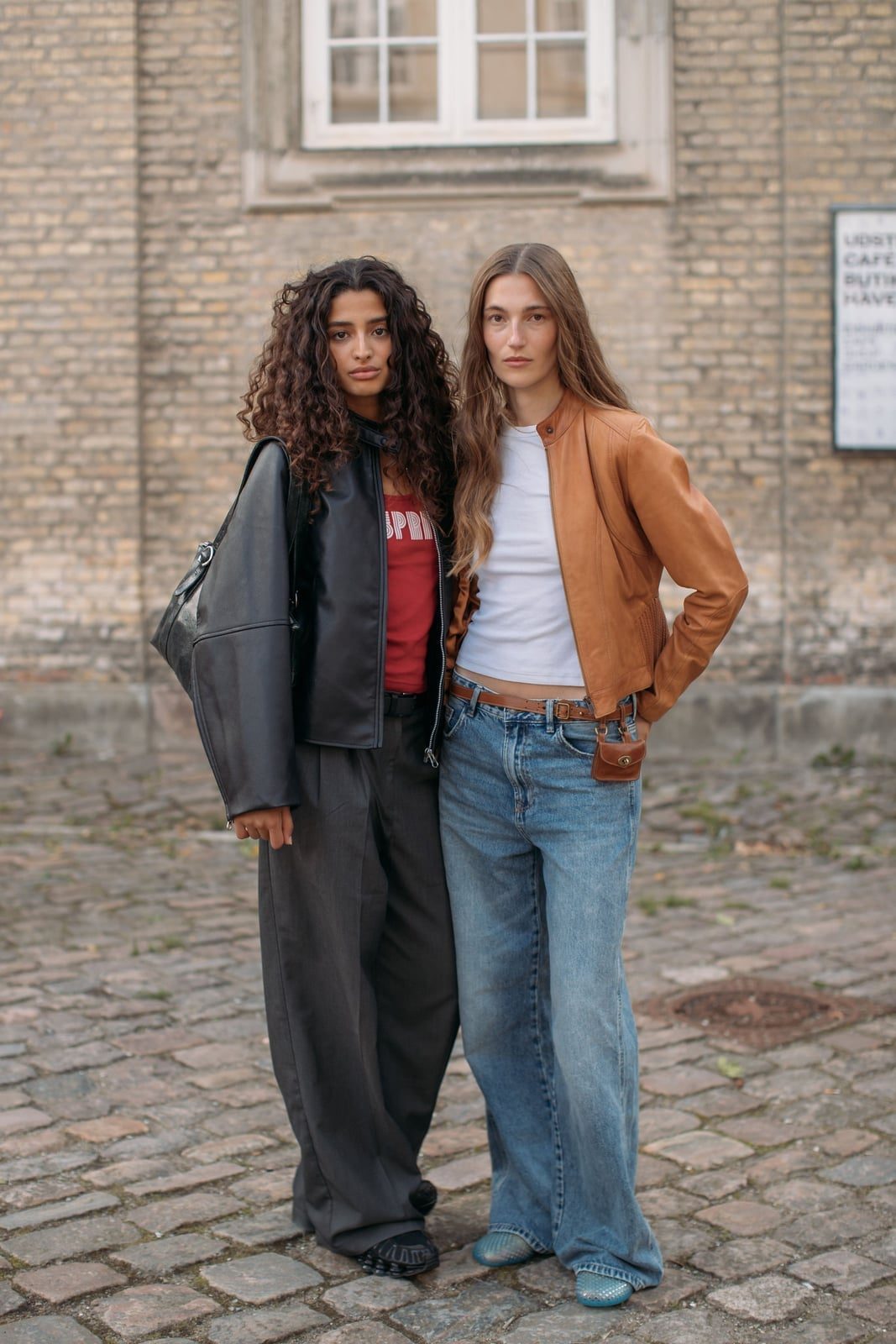 Tan Leather Jacket with Blue Wide Leg Jeans — Classy Denim Outfits