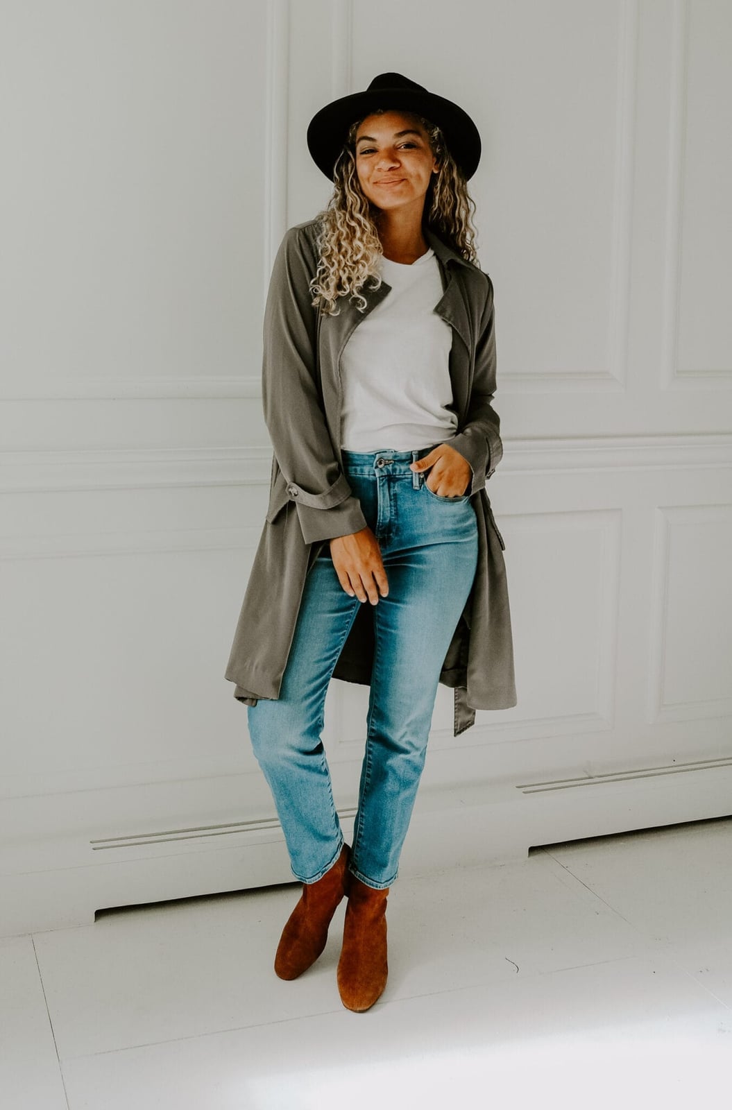 Trench Coat Adds Chic to Straight Leg Jeans With Brown Ankle Boots — Classy Denim Outfits