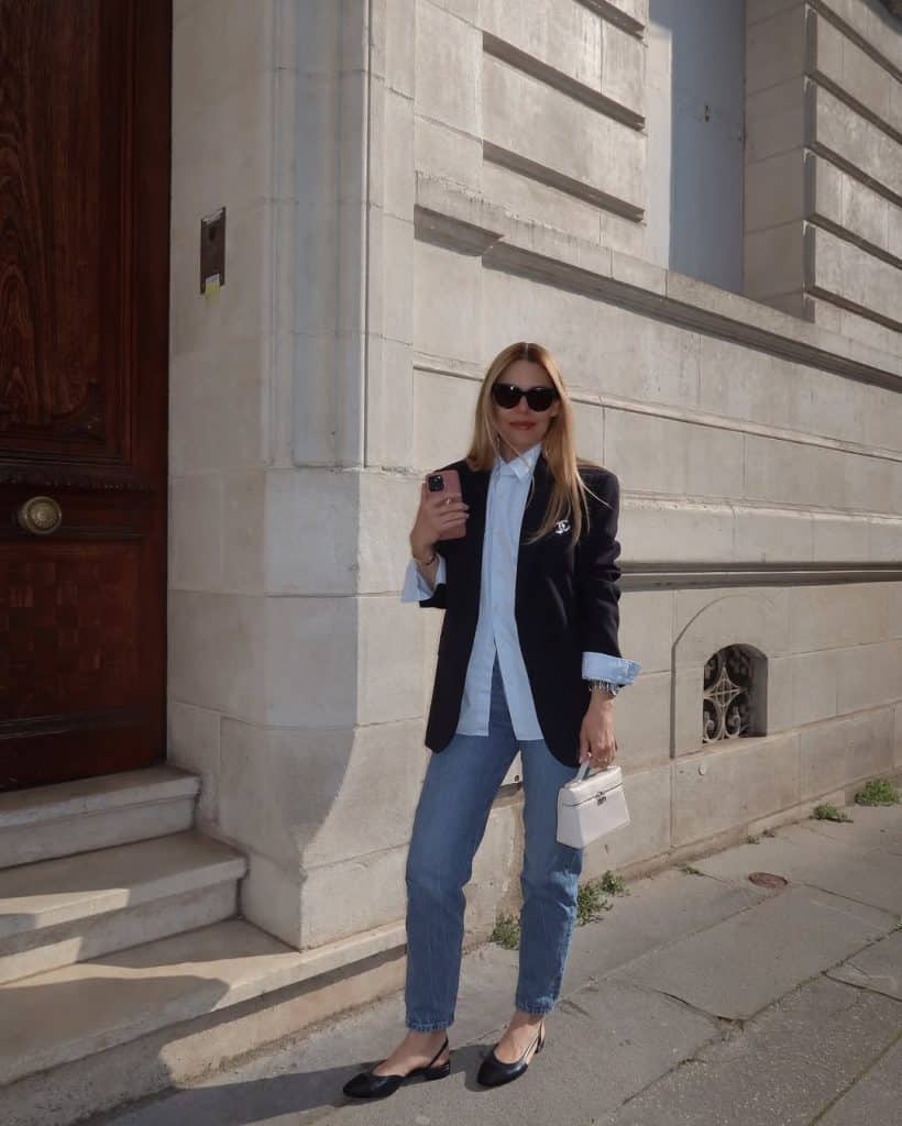 Navy Blazer with Collared Shirt and Jeans — Classy Denim Outfits