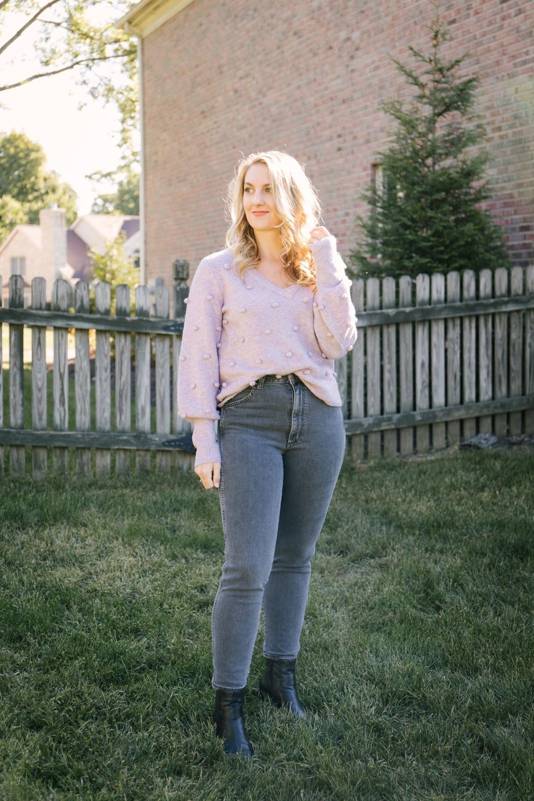 Pom-Pom Sweater with Grey Skinny Jeans and Black Ankle Boots — Classy Denim Outfits