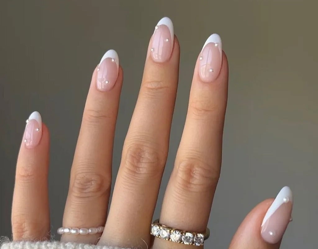 Sheer Pink French with Pearl Accents Short Almond Nails — Classy Dip Nails