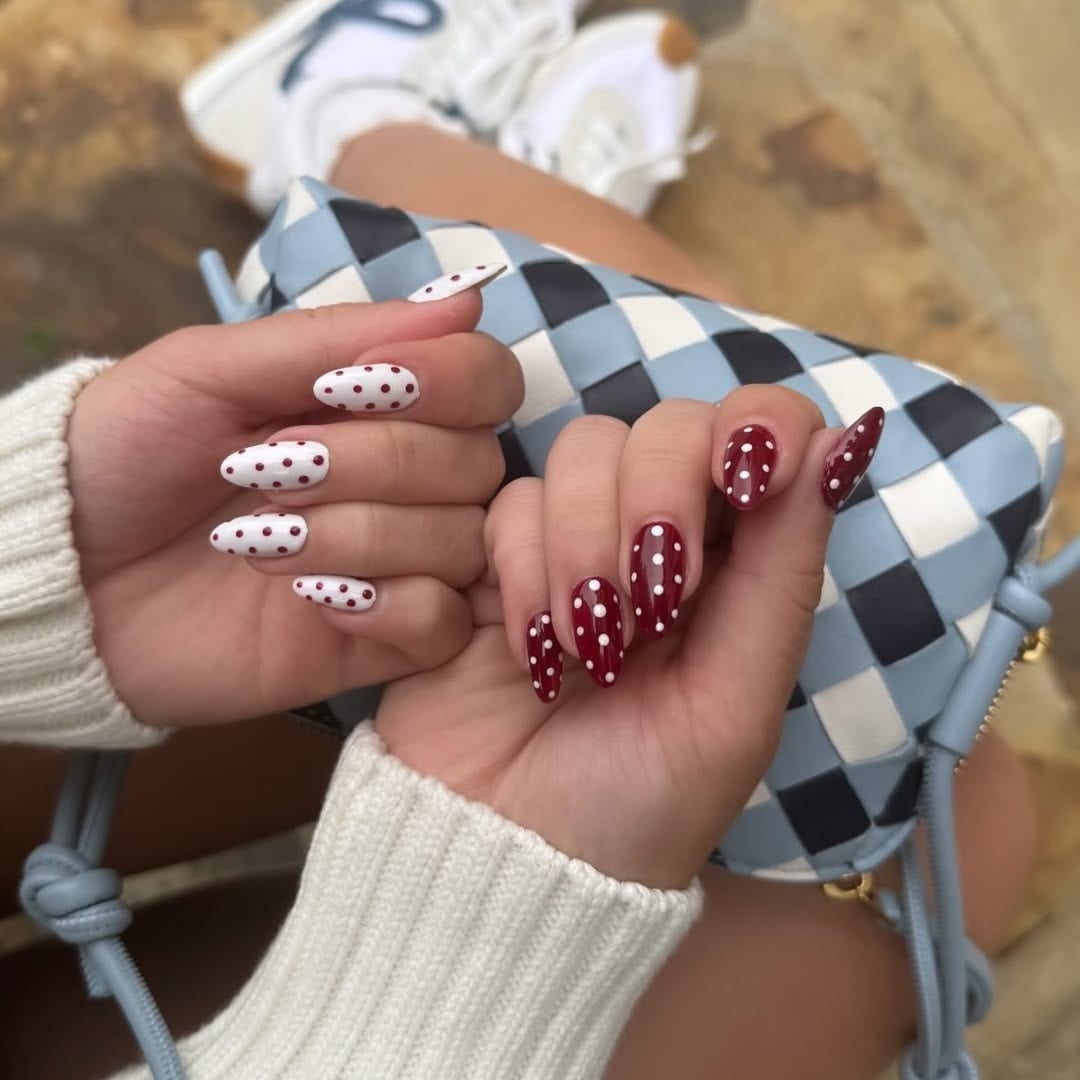 Burgundy and White Polka Dot Medium Oval Nails — Classy Dip Nails