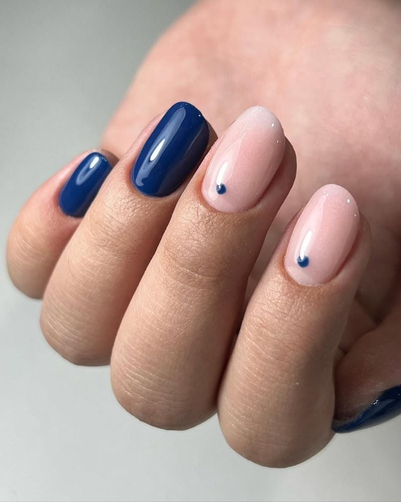 Navy Blue and Pink Gradient with Dot Short Almond Nails — Classy Dip Nails