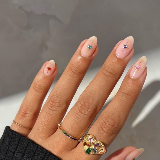 Sheer Pink with Heart Gems Short Almond Nails — Classy Dip Nails