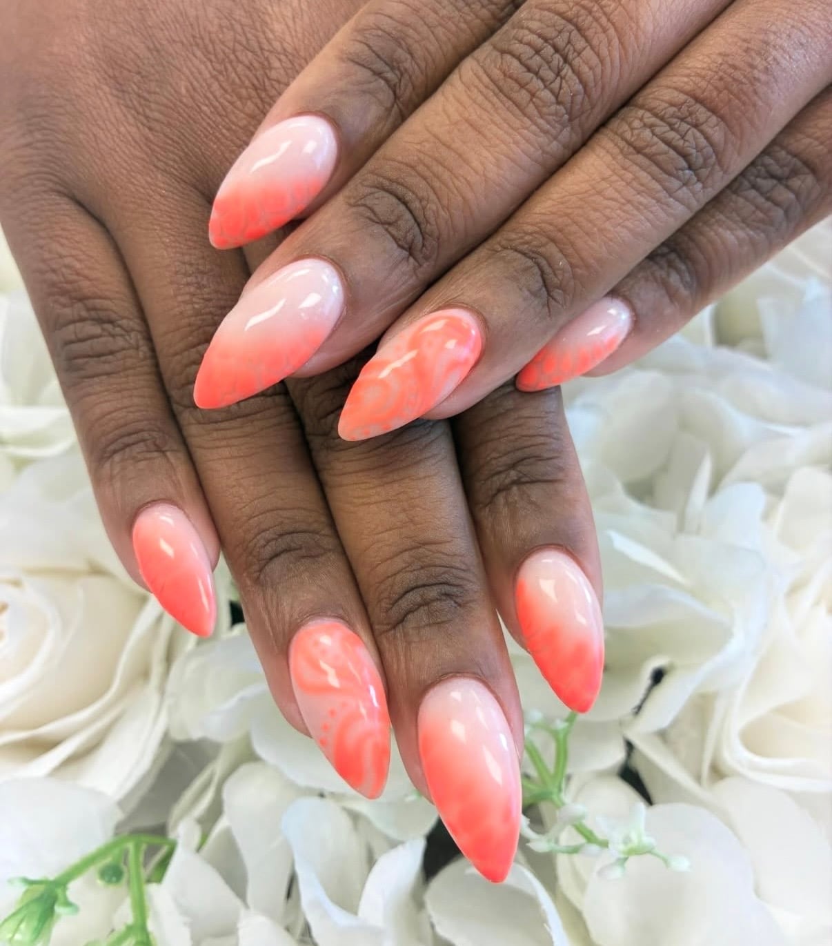Soft Pink with White Floral Long Almond Nails — Classy Dip Nails