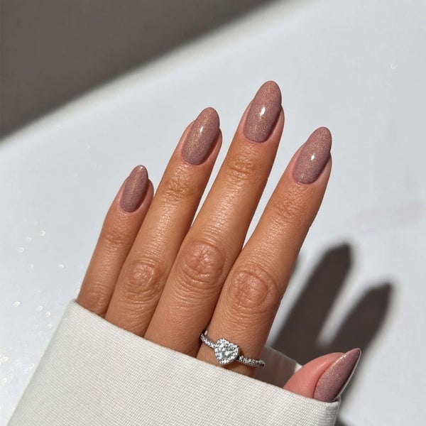 Shimmering Taupe Glossy Short Almond Nails — Classy Dip Nails