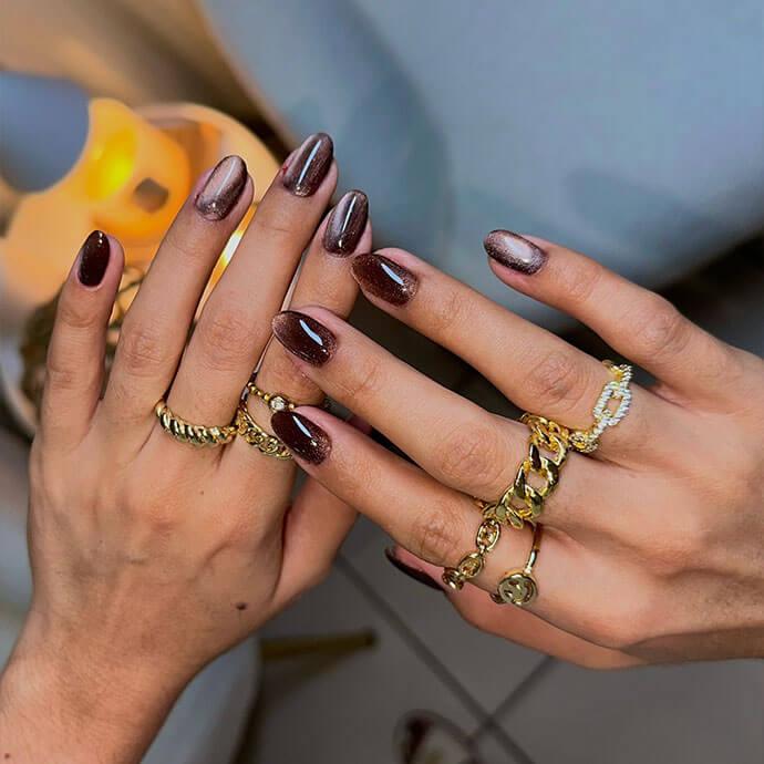 Deep Brown Cat Eye Short Almond Nails — Classy Dip Nails