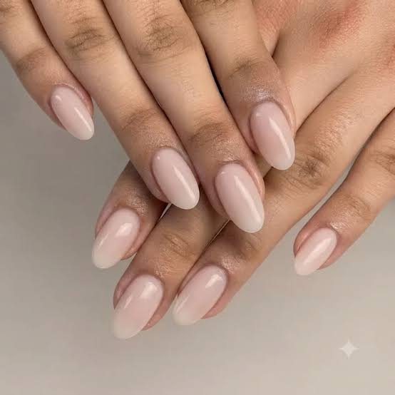 Sheer Nude Glossy Short Almond Nails, Minimalist — Classy Dip Nails