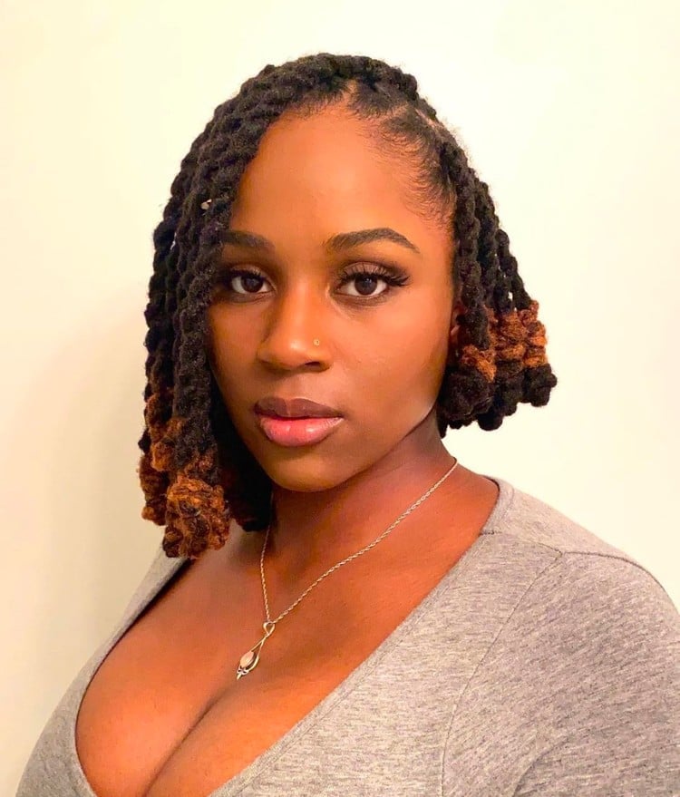 Collarbone Coily Locs With Copper Highlights Collarbone Coily Locs With Copper Highlights — Classy Down Locs