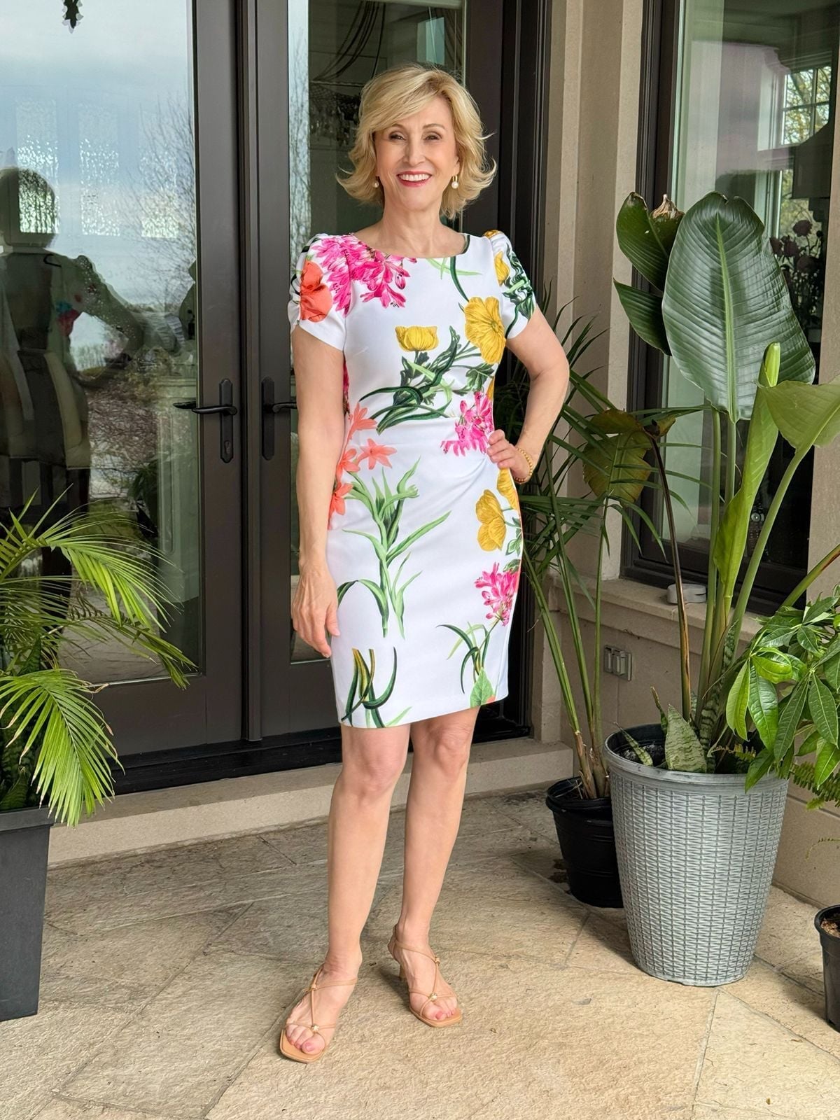 Floral Print Sheath Dress with Beige Block Heels — Classy Dress and Heels