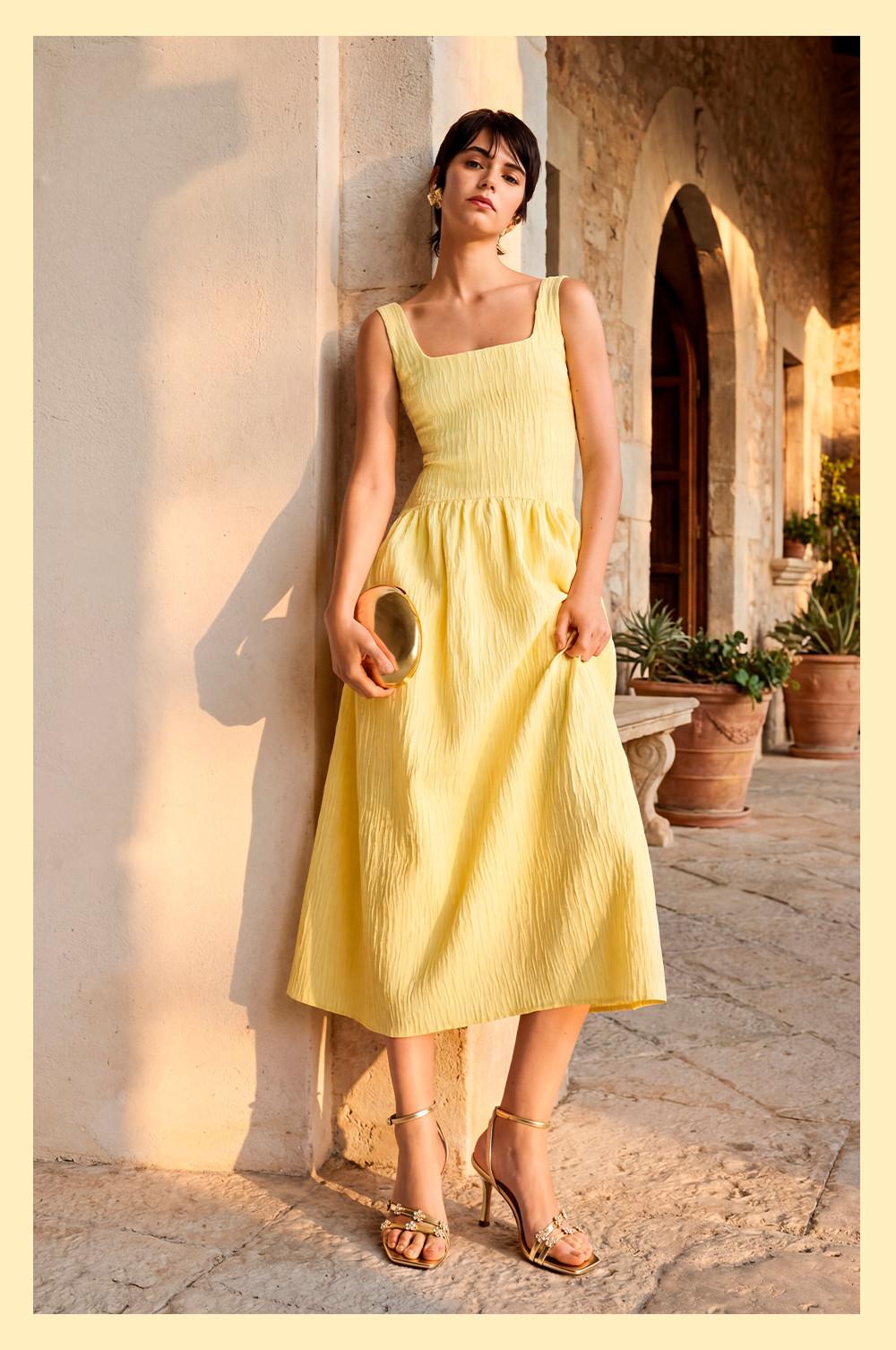 Yellow Textured Midi Dress with Gold Block Heels — Classy Dress and Heels