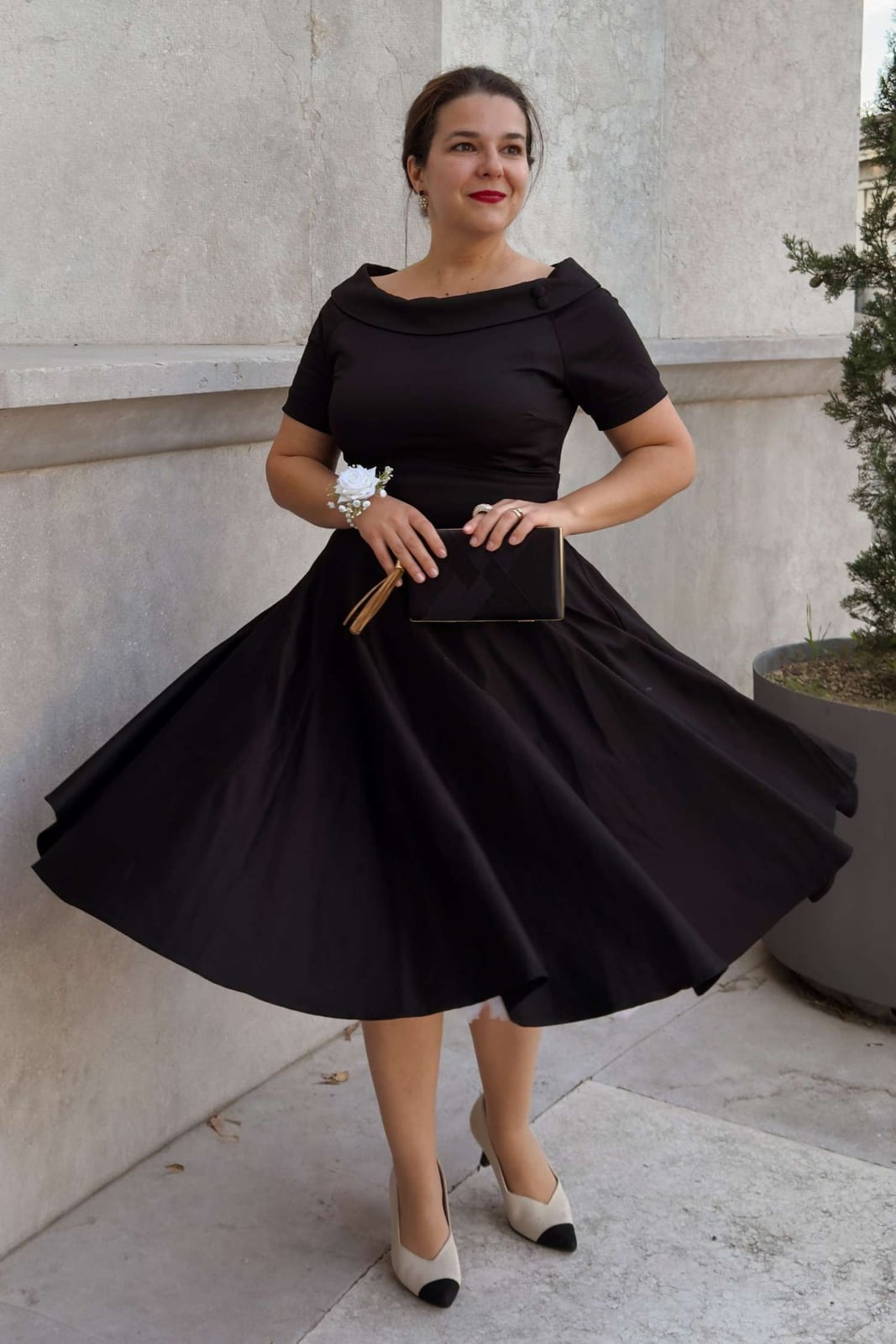 Black Fit and Flare Dress with Two-Tone Pumps — Classy Dress and Heels