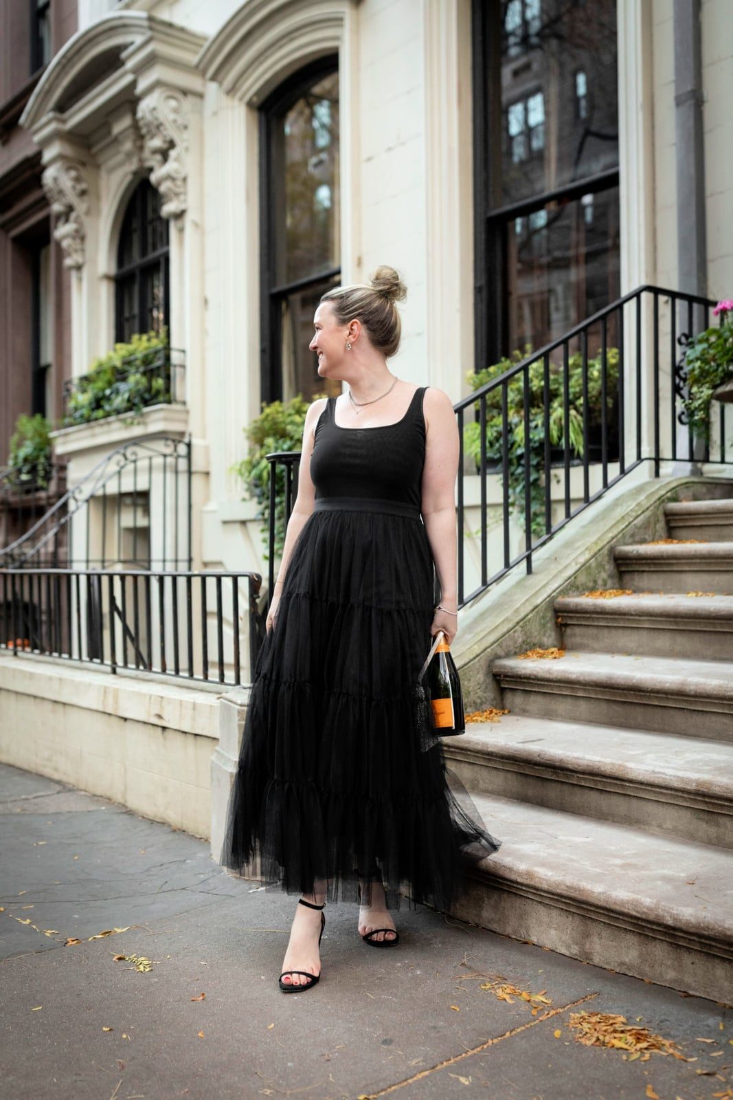 Black Tiered Tulle Dress with Black Block Heels — Classy Dress and Heels