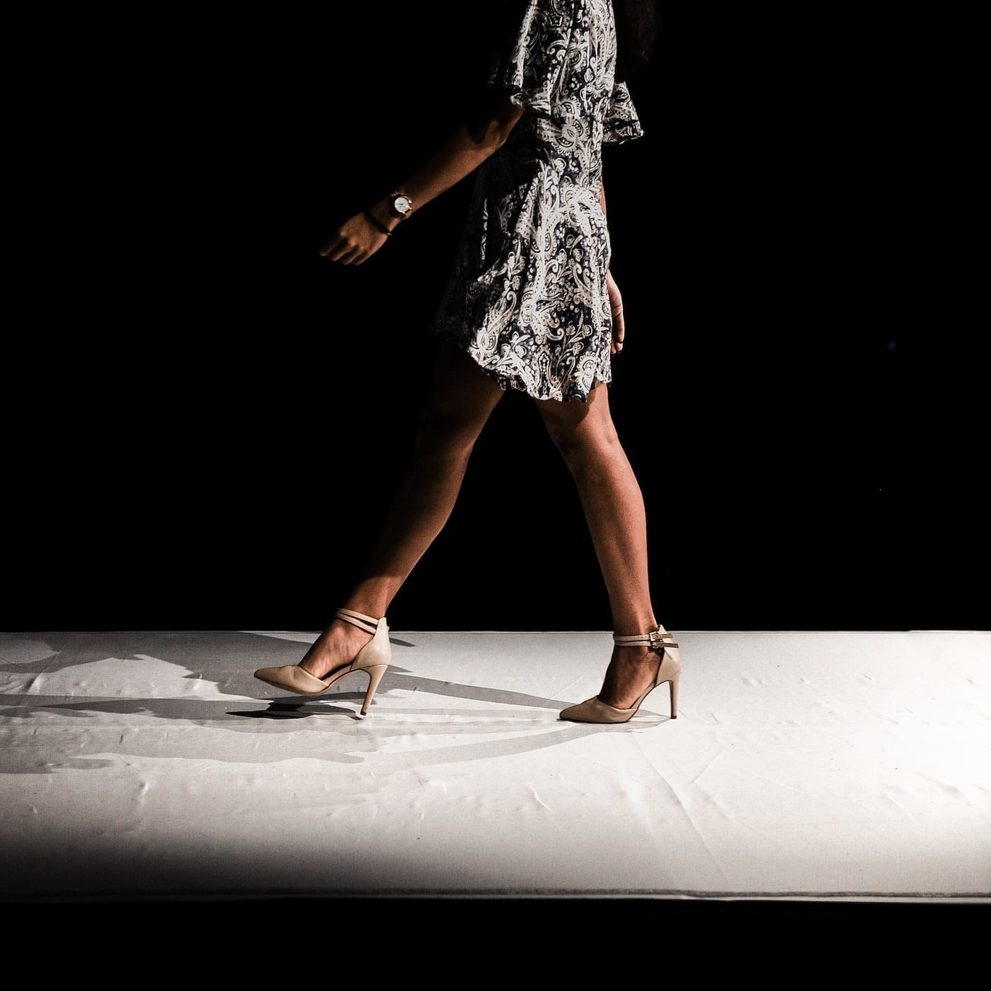 Patterned A-line Midi Dress with Ankle Strap Heels — Classy Dress and Heels