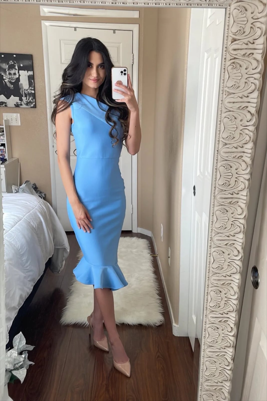 Light Blue Fitted Midi Dress with Nude Pumps — Classy Dress and Heels