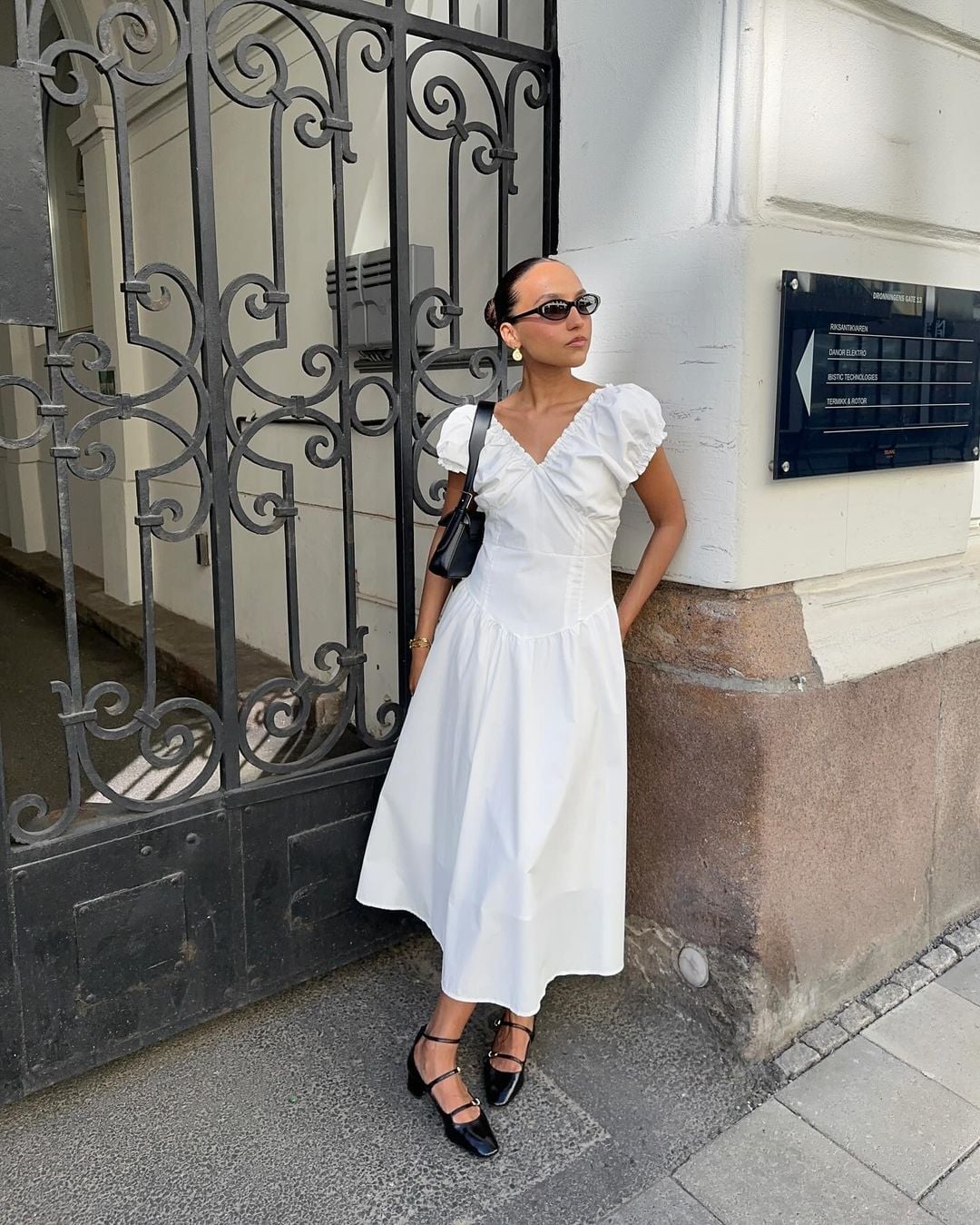 White Puff Sleeve Midi Dress with Black Mary Janes — Classy Dress and Heels