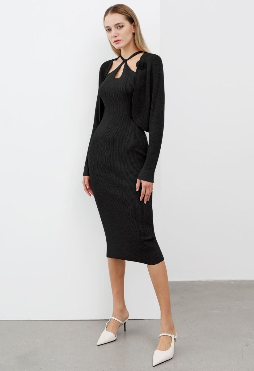 Black Ribbed Knit Halter Dress With Cropped Cardigan Black Ribbed Knit Halter Dress With Cropped Cardigan — Classy Dress with Cardigan